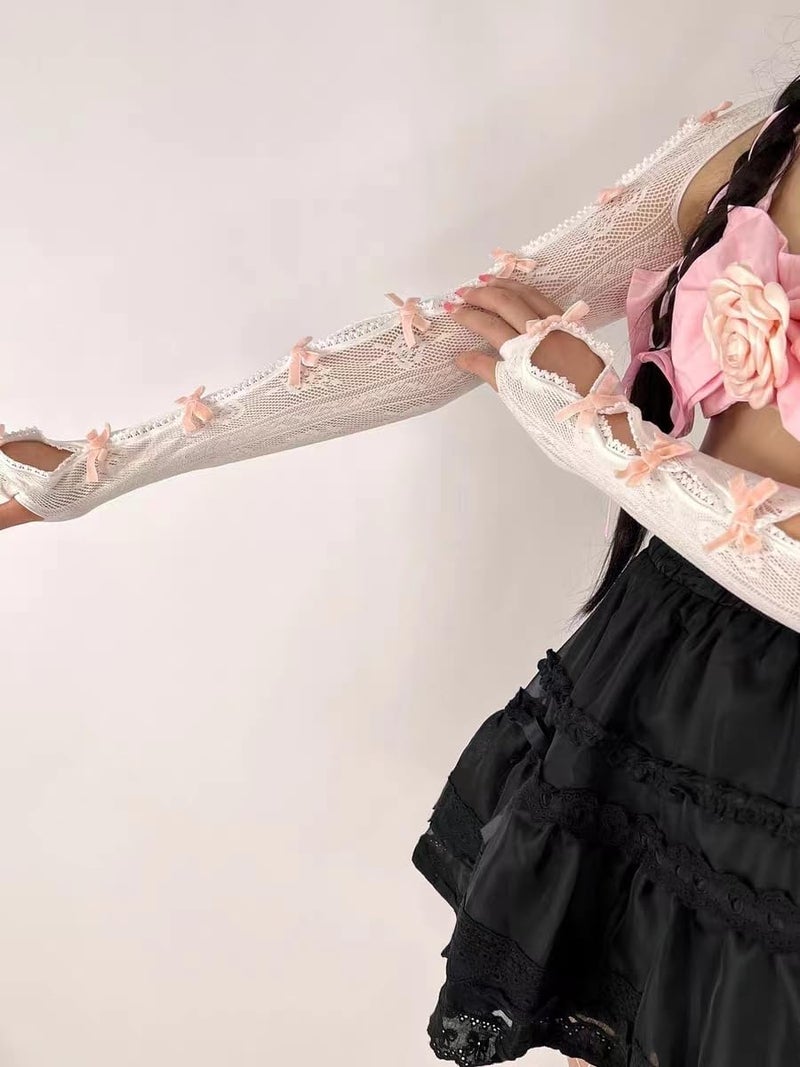 Sumleno Women's Mesh Lace Shrug Crop Top Y2K Aesthetic Arm Sleeves Cardigan with Bow Grunge Cute Fairycore Accessories - Image 2